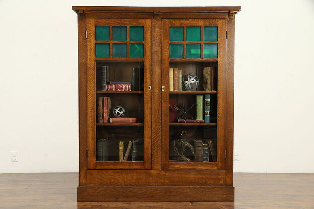 Arts & Crafts Mission Oak 1905 Antique Bookcase, Green Glass  #32563 photo