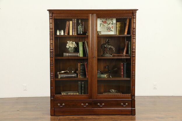 Victorian Carved Walnut Bookcase, Wavy Glass, Adjustable Shelves #32580 photo