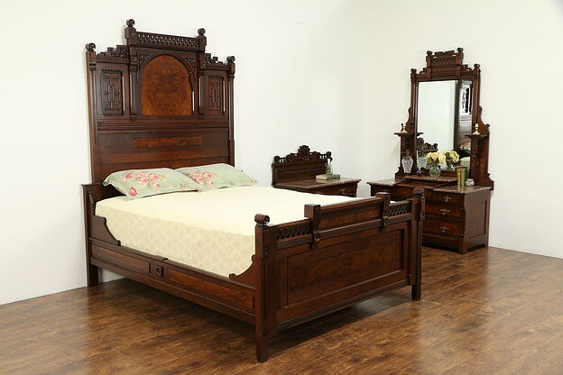 Victorian Eastlake Antique Queen Size Walnut 3 Pc Bedroom Set Marble Tops #32632 photo