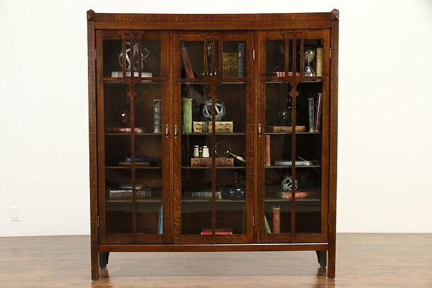 Arts & Crafts Mission Oak Antique Craftsman Triple Library Bookcase #32658 photo