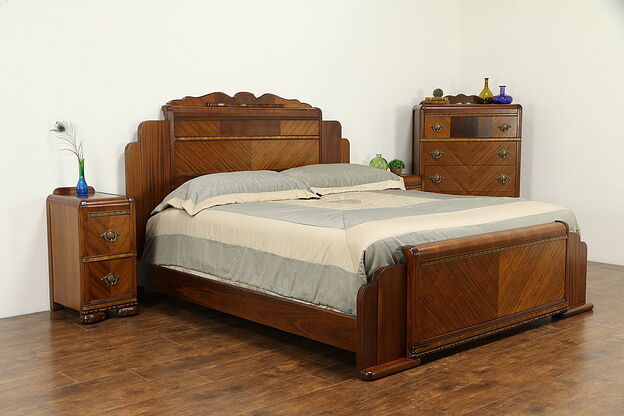 Art Deco Waterfall 1930's Vintage 4 Pc. Bedroom Set, King Size Bed #32673 photo