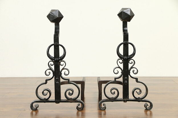Pair of Hand Wrought Iron Large Antique Fireplace Andirons #32697 photo