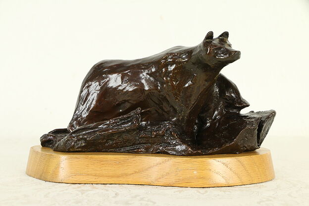 Bronze Bear Sculpture, Vintage Statue, Oak Base #32876 photo