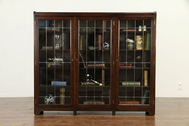 Oak Antique Triple Library Bookcase, Leaded Wavy Glass Doors #32913 photo