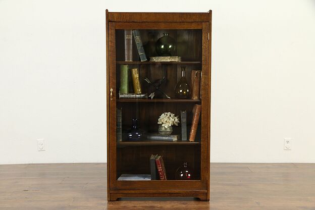 Oak Antique Bookcase or Bath Cabinet, Wavy Glass Door #32919 photo