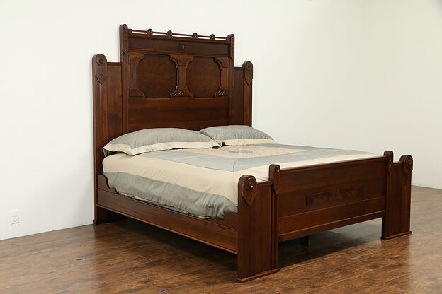 Victorian Eastlake Antique 1880 Walnut, Burl & Marquetry King Size Bed #32930 photo