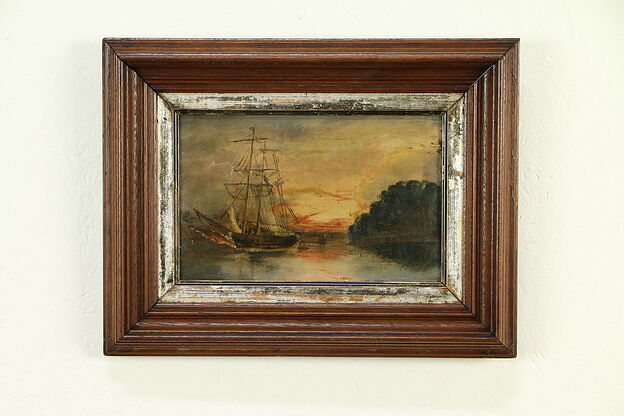 Sailing Ship At Sunset, Antique 1860 Original Oil Painting, Walnut Frame #32938 photo