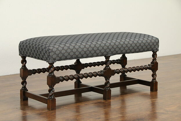 English Tudor Design Antique Oak 6 Spiral Leg Bench, New Upholstery  #33017 photo