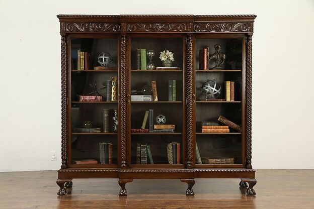 Oak Antique Triple Bookcase, Lion Heads, Claw Feet, Wavy Glass Doors #33060 photo
