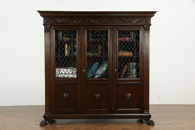 Italian Antique Walnut Triple Bookcase, Carved Lion Paws, Iron Grills #33235 photo