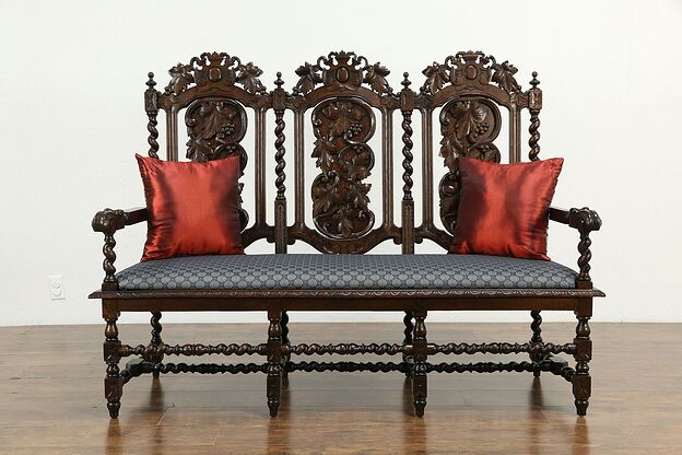 Black Forest Antique Carved Oak Settee Hall Bench, New Upholstery #33550 photo