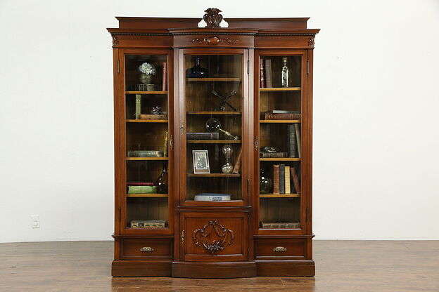 Victorian Antique Triple Library Bookcase, Curved Glass #33780 photo