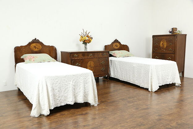 French Style Vintage Carved Bedroom Set, 2 Twin Beds, Dresser,Tall Chest #34039 photo