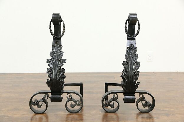 Pair of Antique Wrought Iron Large Fireplace Andirons #34040 photo