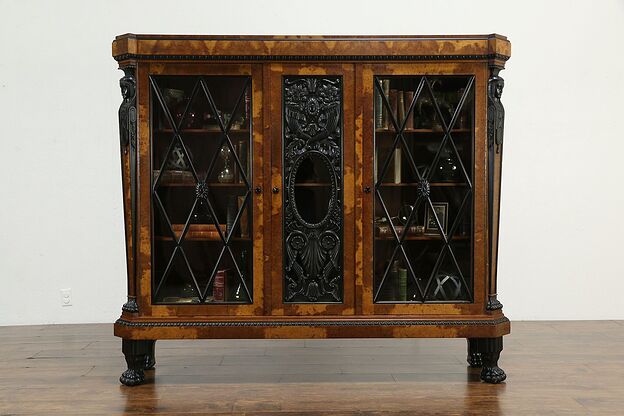 Hungarian Antique Burl & Ebonized Library Bookcase, Carved Figures #32219 photo