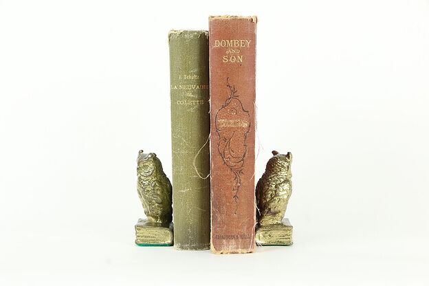Brass Owl on Book Pair of Small Antique Bookends #34177 photo