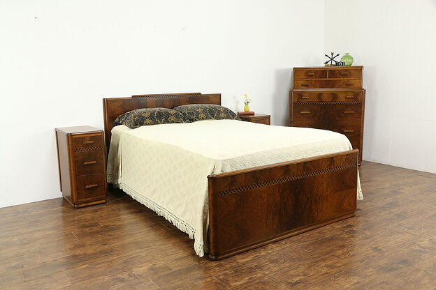 Art Deco Vintage 4 Pc Bedroom Set, Full Size Bed, Highboy, 2 Nightstands #34220 photo