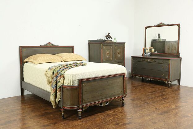 Louis XVI Style Antique Painted 3 Pc. Bedroom Set, Full Size Bed #34435 photo