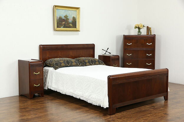 Walnut Waterfall Deco Bedroom Set, Full Bed, Dresser, Nightstands#34582 photo