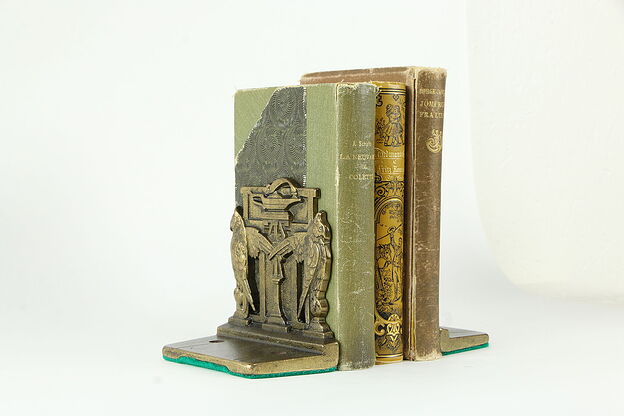 Pair of Owl & Aladdin Lamp Antique Bookends Signed Judd #34589 photo