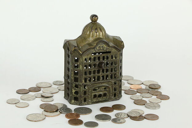 Cast Iron Victorian Building Antique 5" Coin Bank  #34639 photo