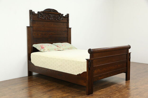 Victorian Antique 1900 Carved Oak Queen Size Bed  #33956 photo