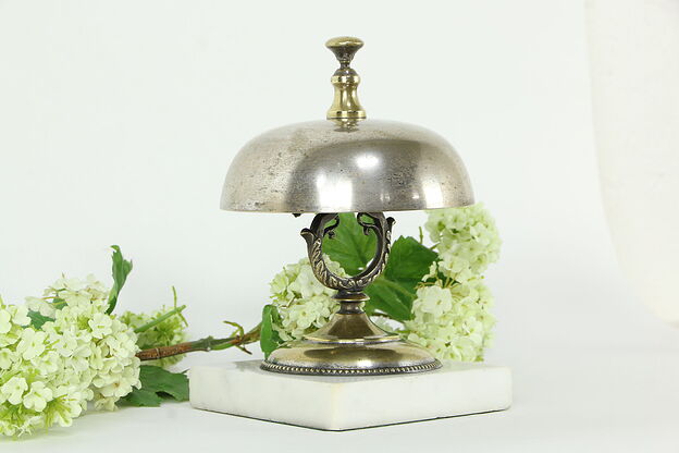 Victorian Antique Brass & Nickel Counter Bell, Marble Base, Pat 1874 #34003 photo