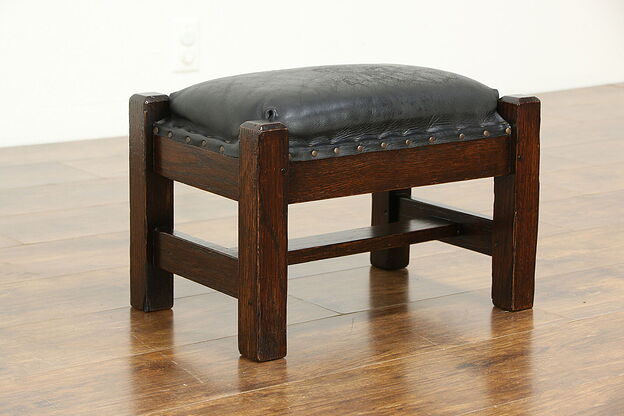 Arts & Crafts Mission Oak Antique Craftsman Footstool, Leather Upholstery #34954 photo