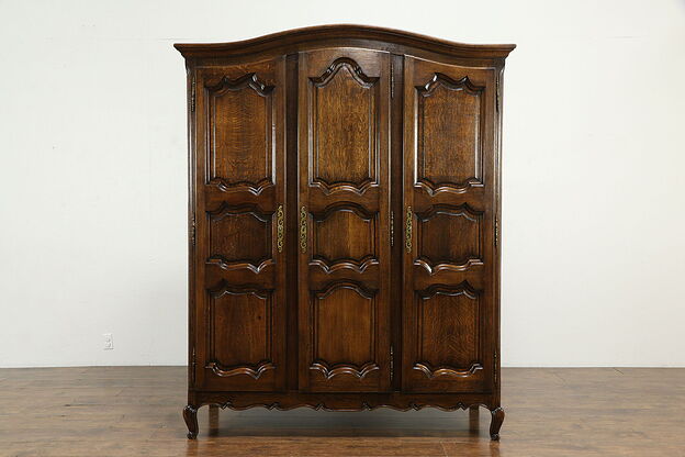 Country French Antique Oak Triple Armoire, Wardrobe or Closet, Arch Top #34960 photo