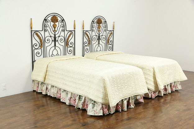 Pair of Twin Size Vintage Wrought Iron Beds, Carved Wood Mounts #35155 photo