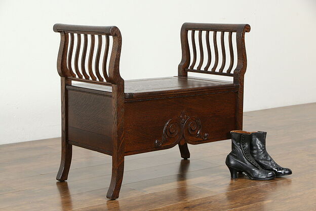 Victorian Antique Quarter Sawn Oak Hall Bench, Scrolled Arms #34147 photo