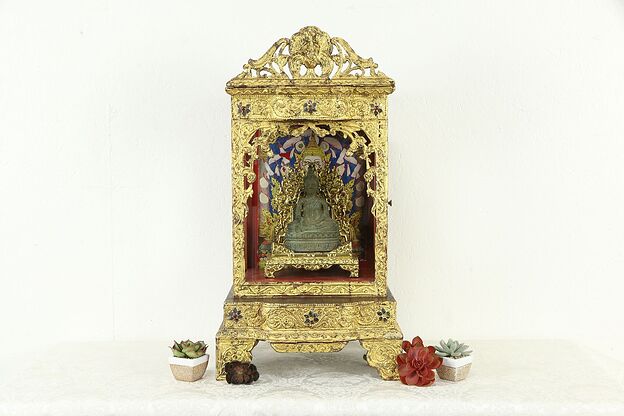 Bronze Buddha & Carved Gold Case, Vintage Thai Home Buddhist Shrine #34538 photo