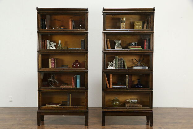Pair of Antique Oak 5 Stack Globe Wernicke Signed Lawyer Bookcases #34788 photo