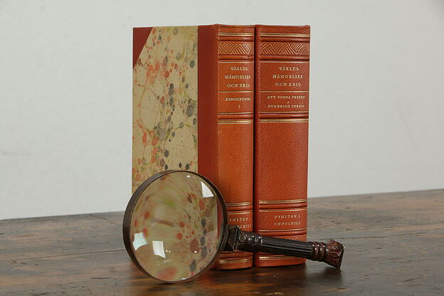 Set of 2 Gold Tooled Leather Books, Churchill Speeches, Swedish  #35511 photo