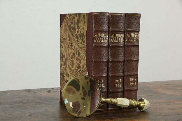 Leatherbound 3 Volume Danish Encyclopedia Book Set, Illustrated, 1944 #35514 photo