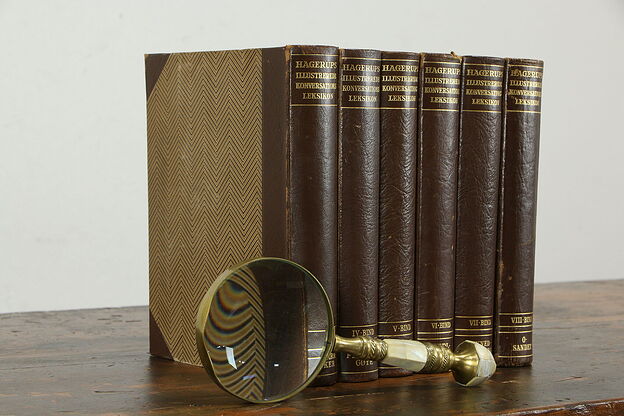 Set of 6 Leatherbound Danish Encyclopedia Books, Copenhagen 1952  #35515 photo