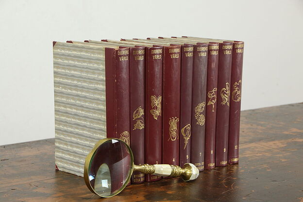 Set of 9 Red Leatherbound Books, Swedish, Natural History #35525 photo