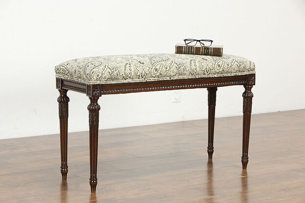 French Style Antique Hand Carved Walnut Bench, New Upholstery #35010 photo