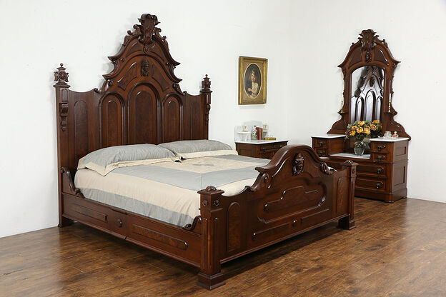 Victorian Antique Walnut Bedroom Set, King Size Bed, 2 Chests Marble Tops #35359 photo