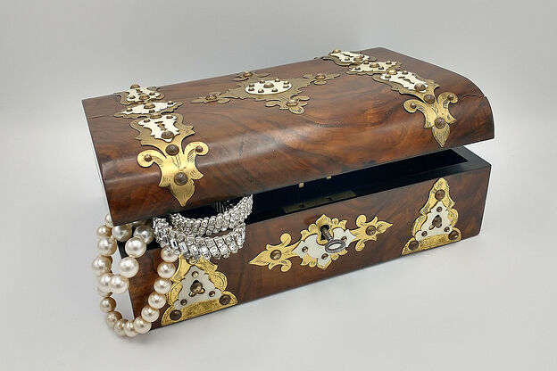 Victorian Antique Walnut & Brass Antique Jewelry Box, Silk Lined, Lock #35623 photo