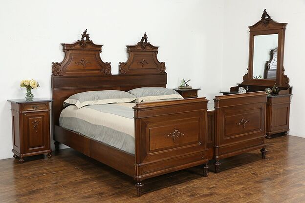 Italian Antique Carved Walnut 4 Pc Bedroom Set King Size Bed, Marble Tops #35625 photo