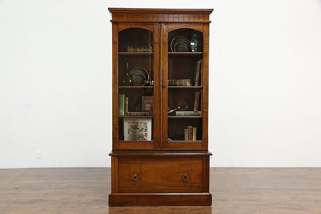 Victorian Eastlake Antique 1870 Walnut Office Bookcase or China Cabinet #35929 photo