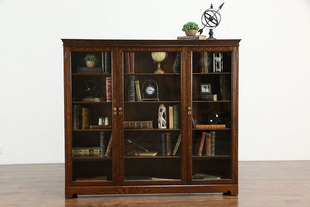 Oak Antique Triple Office or Library Bookcase, Wavy Glass Doors,  #35932 photo