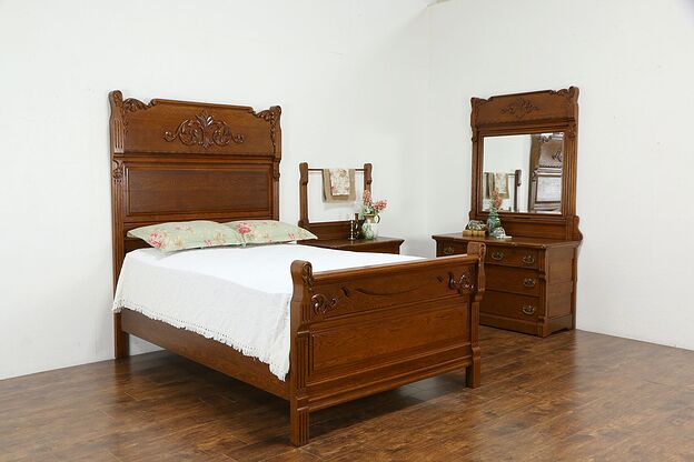 Victorian Antique Carved Oak 3 Pc Bedroom Set, Double Extra Long Bed #35935 photo