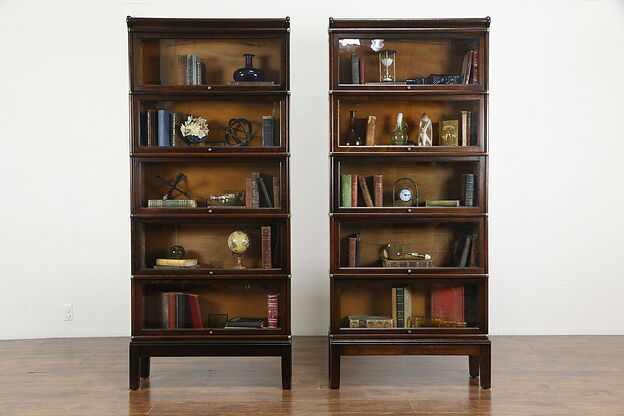 Pair of Antique Oak 5 Stack Globe Wernicke Lawyer Bookcases, Wavy Glass  #35694 photo
