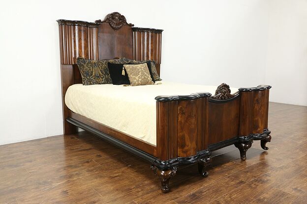 Italian Art Deco Antique Carved Walnut, Olive & Burl Queen Size Bed #35743 photo