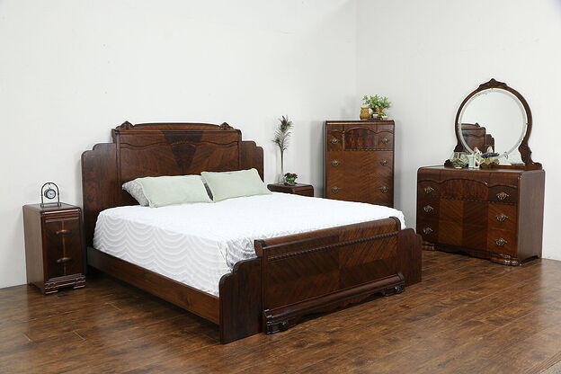 Art Deco Waterfall Design 1930's Vintage 5 Pc. Bedroom Set, King Size Bed #36262 photo