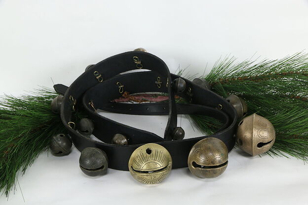 Victorian Antique 18 Sleigh Bells Set Size 1-13, Leather Harness #36268 photo