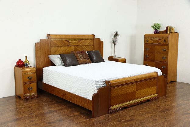 Art Deco Waterfall Design Vintage 4 Pc. Bedroom Set, King Size Bed #36311 photo