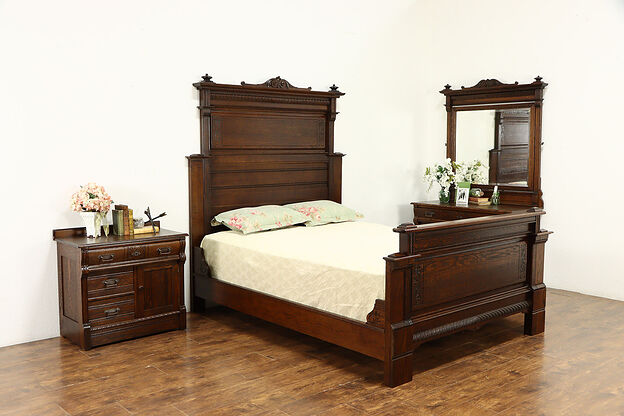 Victorian Eastlake Antique Carved Oak 3 Pc Bedroom Set, Queen Size Bed #34151 photo